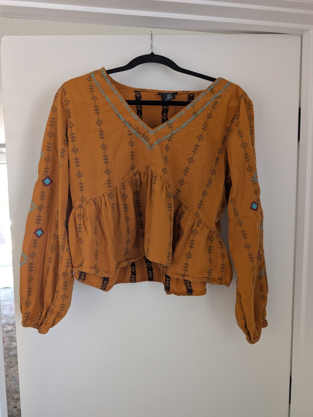 Wrangler Mustard Embroidered Boho Peplum Blouse